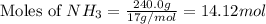 \text{Moles of }NH_3=\frac{240.0g}{17g/mol}=14.12mol