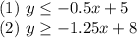 (1) \ y  \leq  -0.5x+5 \\ (2) \ y  \geq  -1.25x+8