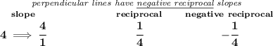 \bf \stackrel{\textit{perpendicular lines have \underline{negative reciprocal} slopes}}&#10;{\stackrel{slope}{4\implies \cfrac{4}{1}}\qquad \qquad \qquad \stackrel{reciprocal}{\cfrac{1}{4}}\qquad \stackrel{negative~reciprocal}{-\cfrac{1}{4}}}