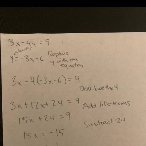 Solve the system by the substitution method.miny=-3x-63x-4y=9