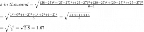 s \ in \ thousand=\sqrt{\frac{(28-27)^2+(27-27)^2+(25-27)^2+(28-27)^2+(29-27)^2+(25-27)^2}{6-1}} \\ \\ = \sqrt{\frac{1^2+0^2+(-2)^2+1^2+2^2+(-2)^2}{5}} =\sqrt{\frac{1+4+1+4+4}{5}} \\  \\ =\sqrt{\frac{14}{5}}=\sqrt{2.8}=1.67