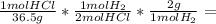 \frac{1molHCl}{36.5g} *\frac{1molH_{2}}{2molHCl}*\frac{2g}{1molH_{2}}=
