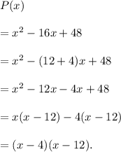 P(x)\\\\=x^2-16x+48\\\\=x^2-(12+4)x+48\\\\=x^2-12x-4x+48\\\\=x(x-12)-4(x-12)\\\\=(x-4)(x-12).