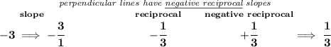 \bf \stackrel{\textit{perpendicular lines have \underline{negative reciprocal} slopes}}&#10;{\stackrel{slope}{-3\implies -\cfrac{3}{1}}\qquad \qquad \qquad \stackrel{reciprocal}{-\cfrac{1}{3}}\qquad \stackrel{negative~reciprocal}{+\cfrac{1}{3}}\implies \cfrac{1}{3}}