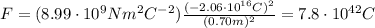 F=(8.99 \cdot 10^9 Nm^2C^{-2}) \frac{(-2.06 \cdot 10^{16}C)^2}{(0.70m)^2} =7.8 \cdot 10^{42} C