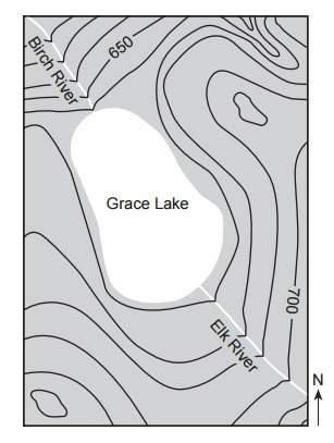 The contour map below shows a lake and river system. the birch and elk rivers carry an equal volume