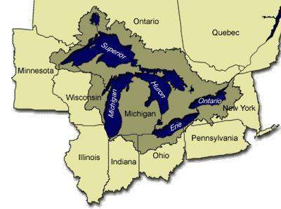 What is shown in blue in the image above? a. the great rivers c. the five lakes b. the great lakes