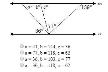 Find the values of a, b, c. note: this diagram is not to scale.
