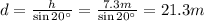 d= \frac{h}{\sin 20^{\circ}}= \frac{7.3 m}{\sin 20^{\circ}}=21.3 m