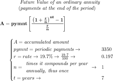 \bf ~~~~~~~~~~~~\textit{Future Value of an ordinary annuity}\\&#10;~~~~~~~~~~~~(\textit{payments at the end of the period})&#10;\\\\&#10;A=pymnt\left[ \cfrac{\left( 1+\frac{r}{n} \right)^{nt}-1}{\frac{r}{n}} \right] \\\\\\&#10;~~~~~~&#10;\begin{cases}&#10;A=\textit{accumulated amount}\\&#10;pymnt=\textit{periodic payments}\to &3350\\&#10;r=rate\to 19.7\%\to \frac{19.7}{100}\to &0.197\\&#10;n=&#10;\begin{array}{llll}&#10;\textit{times it compounds per year}\\&#10;\textit{annually, thus once}&#10;\end{array}\to &1\\&#10;t=years\to &7&#10;\end{cases}