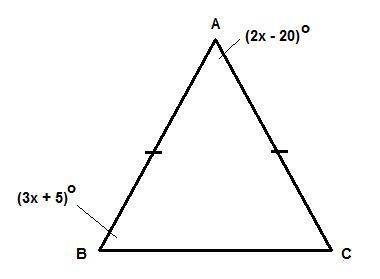If △abc is an isosceles triangle where ab¯≅ac¯, m∠a=(2x−20)°, and m∠b=(3x+5)°, then m∠c=°.
