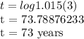 t = log1.015 (3)&#10;&#10;t = 73.78876233&#10;&#10;t = 73 years