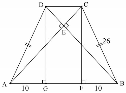 Diagonals of an isosceles trapezoid are perpendicular to each other. the length of its leg is 26 cm.