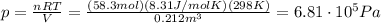 p= \frac{nRT}{V}= \frac{(58.3 mol)(8.31 J/mol K)(298 K)}{0.212 m^3}=6.81 \cdot 10^5 Pa