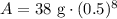 A=38\text{ g}\cdot (0.5)^{8}