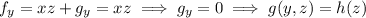 f_y=xz+g_y=xz\implies g_y=0\implies g(y,z)=h(z)