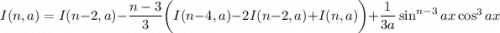 I(n,a)=I(n-2,a)-\dfrac{n-3}3\bigg(I(n-4,a)-2I(n-2,a)+I(n,a)\bigg)+\dfrac1{3a}\sin^{n-3}ax\cos^3ax
