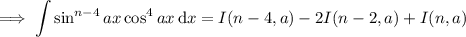 \implies\displaystyle\int\sin^{n-4}ax\cos^4ax\,\mathrm dx=I(n-4,a)-2I(n-2,a)+I(n,a)