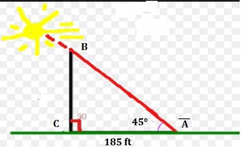 Abuilding casts a 185 foot shadow when the sun is at an angle of elevation of 45 degrees, what is th