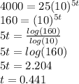 4000 = 25(10)^{5t} \\ 160 = (10)^{5t} \\ 5t =  \frac{log(160)}{log(10)}  \\ 5t = log(160) \\ 5t = 2.204 \\ t = 0.441