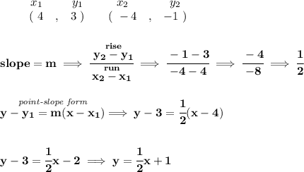 \bf \begin{array}{ccccccccc}&#10;&&x_1&&y_1&&x_2&&y_2\\&#10;%  (a,b)&#10;&&(~ 4 &,& 3~) &#10;%  (c,d)&#10;&&(~ -4 &,& -1~)&#10;\end{array}&#10;\\\\\\&#10;% slope  = m&#10;slope =  m\implies &#10;\cfrac{\stackrel{rise}{ y_2- y_1}}{\stackrel{run}{ x_2- x_1}}\implies \cfrac{-1-3}{-4-4}\implies \cfrac{-4}{-8}\implies \cfrac{1}{2}&#10;\\\\\\&#10;% point-slope intercept&#10;\stackrel{\textit{point-slope form}}{y- y_1= m(x- x_1)}\implies y-3=\cfrac{1}{2}(x-4)&#10;\\\\\\&#10;y-3=\cfrac{1}{2}x-2\implies y=\cfrac{1}{2}x+1