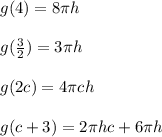 g(4) = 8 \pi h\\\\g(\frac{3}{2}) = 3 \pi h\\\\ g(2c) = 4 \pi ch\\\\g(c+3) = 2 \pi hc+6\pi h