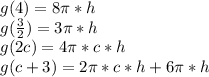 g (4) = 8 \pi*h\\g (\frac {3} {2}) =3 \pi*h\\g (2c) = 4 \pi * c * h\\g (c + 3) = 2 \pi * c * h + 6 \pi * h