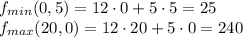 f_{min}(0,5)=12\cdot0+5\cdot 5=25 \\ f_{max}(20,0)=12\cdot 20+5\cdot 0=240