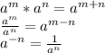 a^m*a^n=a^{m+n}\\\frac{a^m}{a^n}=a^{m-n} \\a^{-n}=\frac{1}{a^n}