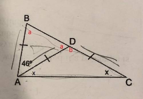 In triangle abc angle bad is 46° find bca and ab=ad=ac