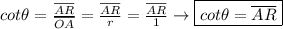 cot \theta= \frac{\overline{AR}}{\overline{OA}}=\frac{\overline{AR}}{r}=\frac{\overline{AR}}{1} \rightarrow \boxed{cot \theta=\overline{AR}}