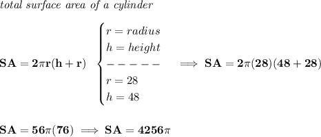 \bf \textit{total surface area of a cylinder}\\\\&#10;SA=2\pi r(h+r)~~&#10;\begin{cases}&#10;r=radius\\&#10;h=height\\&#10;-----\\&#10;r=28\\&#10;h=48&#10;\end{cases}\implies SA=2\pi (28)(48+28)&#10;\\\\\\&#10;SA=56\pi (76)\implies SA=4256\pi
