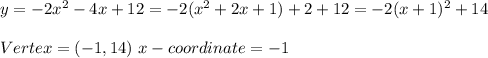 y=-2x^2-4x+12=-2(x^2+2x+1)+2+12=-2(x+1)^2+14\\\\&#10;Vertex=(-1,14) \ x-coordinate=-1\\&#10;&#10;