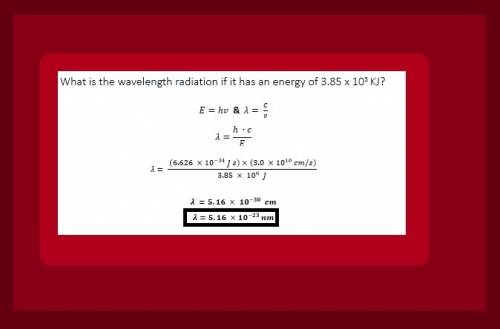 What is the wavelength (in nm) of radiation that has an energy content of 3.85 x10^3 kj/mol?