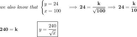 \bf \textit{we also know that }&#10;\begin{cases}&#10;y=24\\&#10;x=100&#10;\end{cases}\implies 24=\cfrac{k}{\sqrt{100}}\implies 24=\cfrac{k}{10}&#10;\\\\\\&#10;240=k\qquad \qquad \boxed{y=\cfrac{240}{\sqrt{x}}}