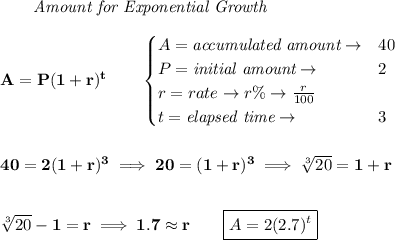 \bf \qquad \textit{Amount for Exponential Growth}&#10;\\\\&#10;A=P(1 + r)^t\qquad &#10;\begin{cases}&#10;A=\textit{accumulated amount}\to &40\\&#10;P=\textit{initial amount}\to &2\\&#10;r=rate\to r\%\to \frac{r}{100}\\&#10;t=\textit{elapsed time}\to &3\\&#10;\end{cases}&#10;\\\\\\&#10;40=2(1+r)^3\implies 20=(1+r)^3\implies \sqrt[3]{20}=1+r&#10;\\\\\\&#10;\sqrt[3]{20}-1=r\implies 1.7\approx r\qquad \boxed{A=2(2.7)^t}