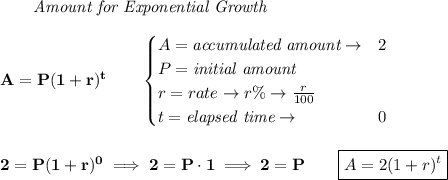 \bf \qquad \textit{Amount for Exponential Growth}&#10;\\\\&#10;A=P(1 + r)^t\qquad &#10;\begin{cases}&#10;A=\textit{accumulated amount}\to &2\\&#10;P=\textit{initial amount}\\&#10;r=rate\to r\%\to \frac{r}{100}\\&#10;t=\textit{elapsed time}\to &0\\&#10;\end{cases}&#10;\\\\\\&#10;2=P(1+r)^0\implies 2=P\cdot 1\implies 2=P\qquad \boxed{A=2(1+r)^t}