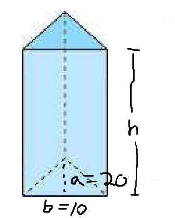 Find the height of a triangular prism with a base length of 10 yards, a base height of 20 yards, and