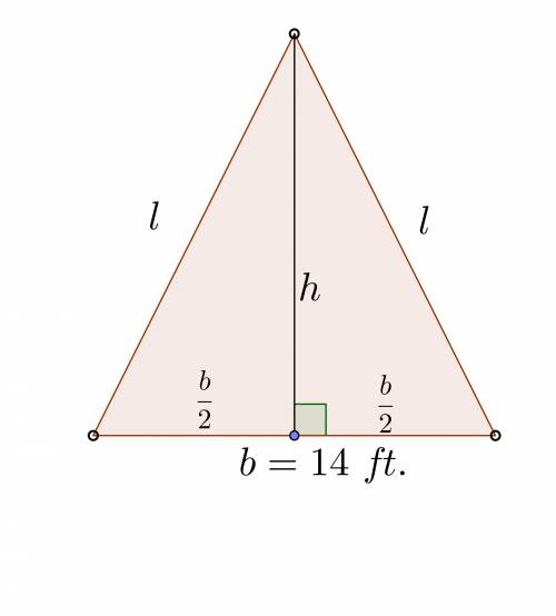 An isosceles triangle has an area of 125 feet. if the base is 14 feet, what is the length of each le