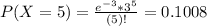 P(X = 5) = \frac{e^{-3}*3^{5}}{(5)!} = 0.1008