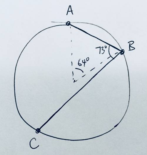 Points ab are the endppints of an arc of a circle, ab=64, and angle abc =73 what is m of arc ac