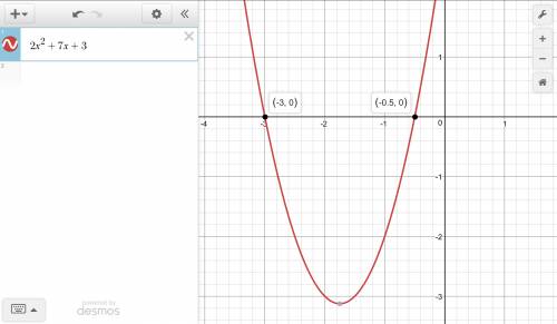 What are the zeros of the function y = 2x*2 +7x + 3?   a.) x = 1/2 , x = 3 b.) x = -1/2 , x = -3 c.)