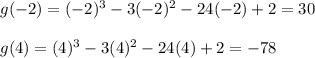 g(-2)=(-2)^{3}-3(-2)^{2}-24(-2)+2=30\\\\g(4)=(4)^{3}-3(4)^{2}-24(4)+2=-78