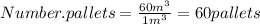 Number.pallets= \frac{60m^3}{1m^3} =60pallets