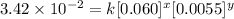 3.42\times 10^{-2}=k[0.060]^x[0.0055]^y