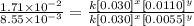 \frac{1.71\times 10^{-2}}{8.55\times 10^{-3}}=\frac{k[0.030]^x[0.0110]^y}{k[0.030]^x[0.0055]^y}