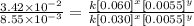 \frac{3.42\times 10^{-2}}{8.55\times 10^{-3}}=\frac{k[0.060]^x[0.0055]^y}{k[0.030]^x[0.0055]^y}