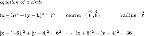 \bf \textit{equation of a circle}\\\\ &#10;(x- h)^2+(y- k)^2= r^2&#10;\qquad &#10;center~~(\stackrel{-6}{ h},\stackrel{4}{ k})\qquad \qquad &#10;radius=\stackrel{6}{ r}&#10;\\\\\\\&#10;[x-(-6)]^2+[y-4]^2=6^2\implies (x+6)^2+(y-4)^2=36