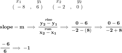 \bf \begin{array}{ccccccccc}&#10;&&x_1&&y_1&&x_2&&y_2\\&#10;%  (a,b)&#10;&&(~ -8 &,& 6~) &#10;%  (c,d)&#10;&&(~ -2 &,& 0~)&#10;\end{array}&#10;\\\\\\&#10;% slope  = m&#10;slope =  m\implies &#10;\cfrac{\stackrel{rise}{ y_2- y_1}}{\stackrel{run}{ x_2- x_1}}\implies \cfrac{0-6}{-2-(8)}\implies \cfrac{0-6}{-2+8}\\\\\\ \cfrac{-6}{6}\implies -1