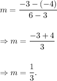 m=\dfrac{-3-(-4)}{6-3}\\\\\\\Rightarrow m=\dfrac{-3+4}{3}\\\\\\\Rightarrow m=\dfrac{1}{3}.